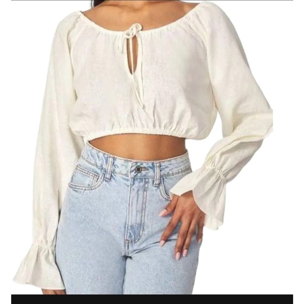 Weworewhat Linen crop resort wear puffy sleeve milkmaid tie front top Sze Small - Picture 1 of 6